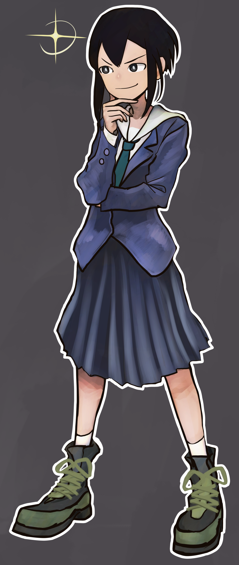 1girl asakusa_midori black_eyes black_hair blue_skirt eizouken_ni_wa_te_wo_dasu_na! full_body fuugetsu_(sanmunyudai) grey_background hand_on_own_chin highres long_sleeves school_uniform shoes short_hair simple_background skirt smirk sneakers solo standing