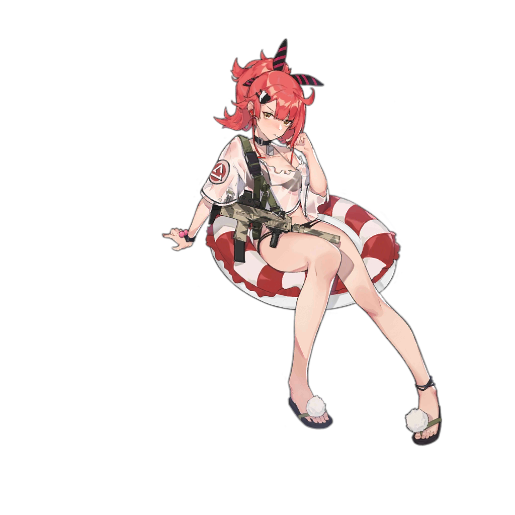 1girl alternate_costume ankle_strap arm_support bangs bikini black_bikini blush bracelet camouflage candy choker copyright_name crop_top crop_top_overhang damaged dinergate_(girls_frontline) dog_tags earphones eyebrows_visible_through_hair food full_body girls_frontline groin gun h&amp;k_mp7 hair_ornament hair_ribbon head_tilt heckler_&amp;_koch innertube jewelry lollipop looking_at_viewer mouth_hold mp7_(girls_frontline) navel official_art open_mouth playing_with_own_hair ponytail rainli redhead ribbon sandals see-through sidelocks sitting solo stomach strap submachine_gun swimsuit torn_clothes transparent_background tsurime v-shaped_eyebrows weapon yellow_eyes