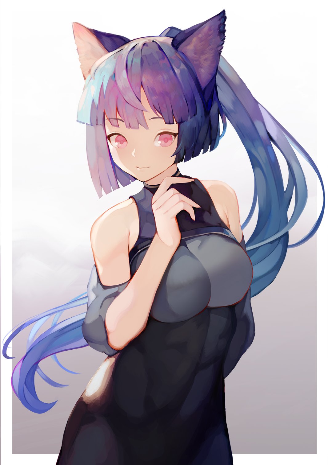 1girl alternate_costume alternate_hair_color alternate_hairstyle bangs bare_shoulders black_dress blue_hair blunt_bangs border breasts commentary cowboy_shot dress eyebrows_visible_through_hair gradient gradient_background grey_background hand_up highres imaizumi_kagerou large_breasts long_hair looking_at_viewer multicolored_hair onion_(onion_and_pi-natto) outside_border pink_eyes ponytail purple_hair short_sleeves smile solo standing touhou very_long_hair white_background white_border