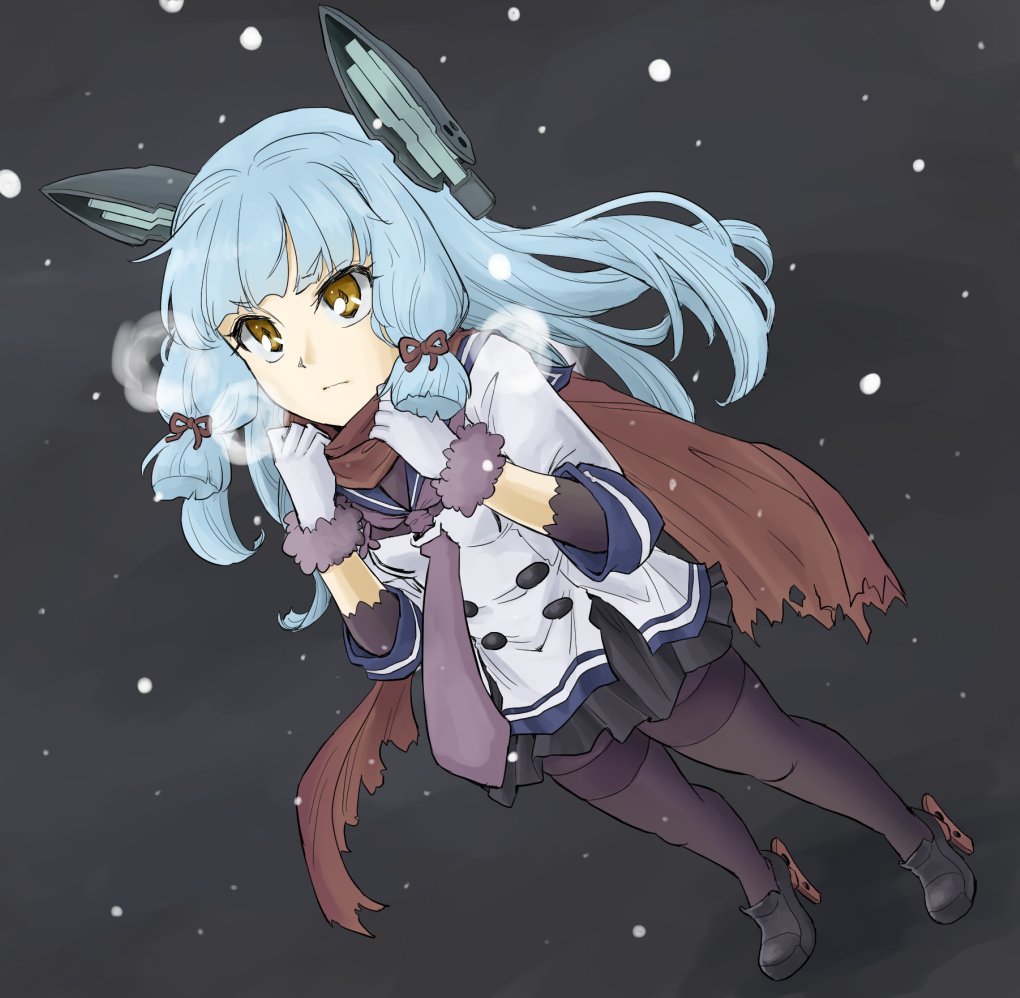 1girl amida_murakumo black_legwear dress dutch_angle full_body fur-trimmed_gloves fur_trim gloves hair_ribbon headgear kantai_collection long_hair looking_up murakumo_(kantai_collection) necktie orange_eyes pantyhose purple_neckwear red_scarf remodel_(kantai_collection) ribbon sailor_dress scarf sidelocks silver_hair snowing solo thighband_pantyhose tress_ribbon white_gloves