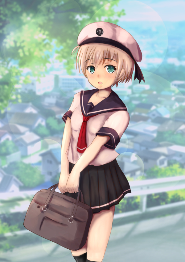 1girl alternate_costume bag black_legwear black_skirt blue_eyes blush hair_ornament hat kantai_collection looking_at_viewer neckerchief open_mouth outdoors pleated_skirt red_neckwear sailor_collar sailor_hat school_bag school_uniform serafuku short_hair silver_hair skirt smile solo tree ynos z1_leberecht_maass_(kantai_collection)