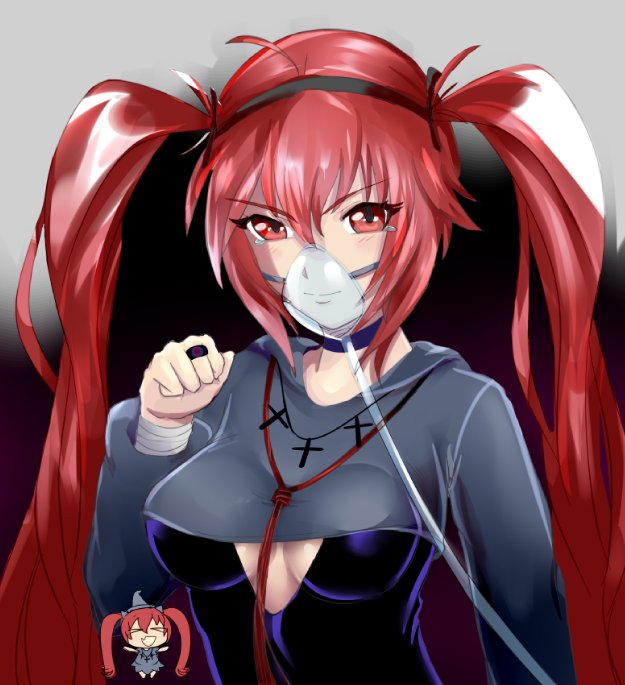 1girl black_dress black_hairband breasts choker cleavage_cutout crop_top dress face_mask hairband hood hood_down long_hair mask medium_breasts mow_maki red_eyes redhead solo strippin tearing_up twintails twitch.tv under_boob upper_body very_long_hair vrchat