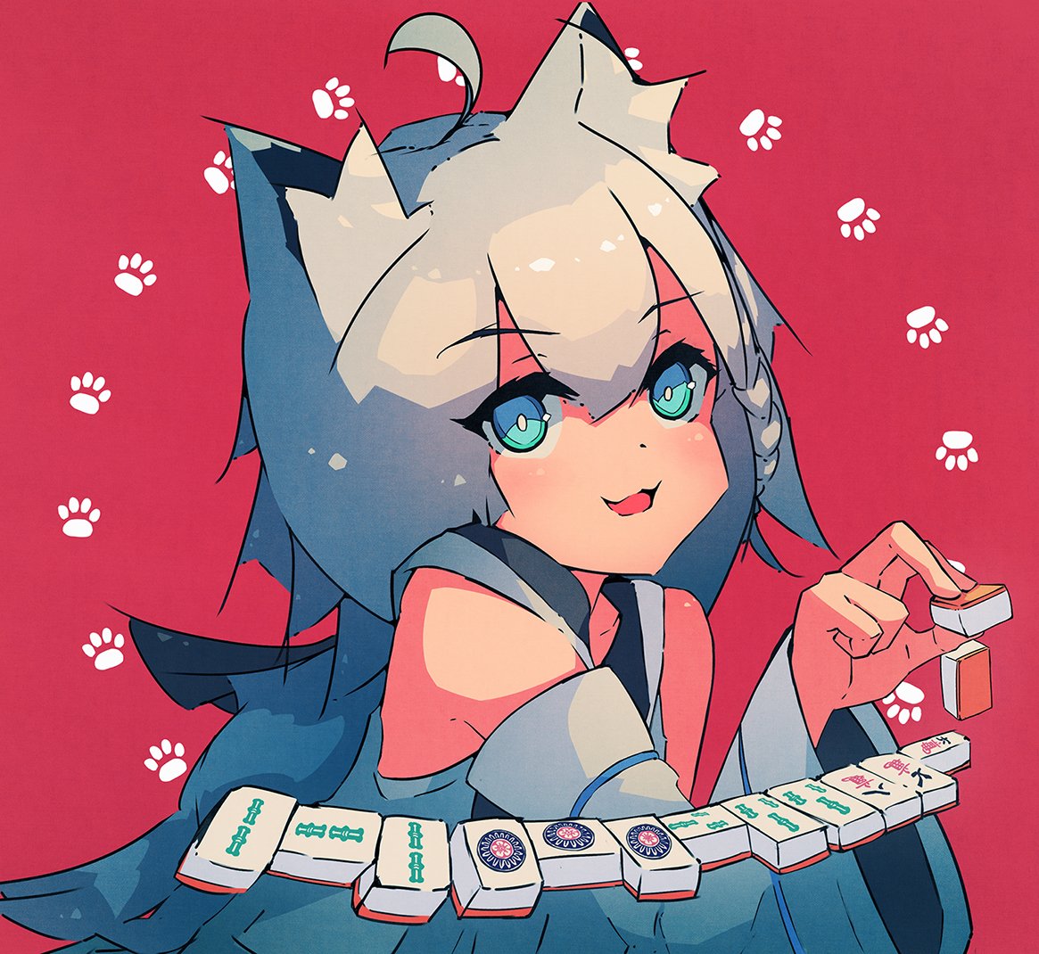 1girl ahoge animal_ears bakadebiru blue_eyes detached_sleeves fox_ears fox_girl hololive looking_at_viewer mahjong open_mouth shirakami_fubuki smile virtual_youtuber white_hair