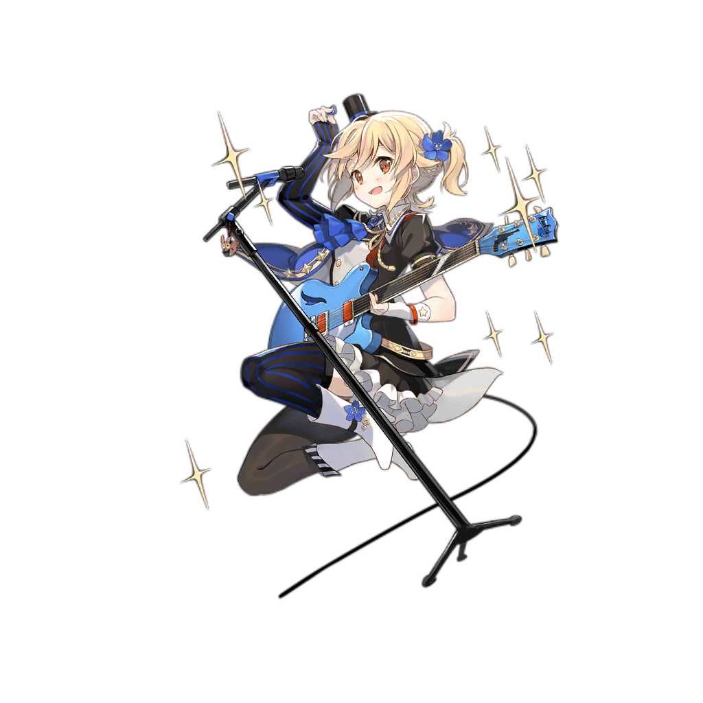 1girl aiguillette alternate_costume alternate_hairstyle ankle_strap ascot asymmetrical_gloves asymmetrical_legwear bangs belt black_legwear blonde_hair blue_cape blue_flower blush boots braid breasts brown_jacket cape electric_guitar fingerless_gloves flower french_braid frilled_skirt frills full_body girls_frontline gloves guitar hair_between_eyes hair_flower hair_ornament hat high_heel_boots high_heels holding holding_instrument holding_plectrum idol instrument jacket jumping kinoshita_neko long_hair microphone microphone_stand mini_hat nagant_revolver_(girls_frontline) official_art open_mouth pantyhose plectrum puffy_short_sleeves puffy_sleeves red_eyes short_sleeves sidelocks single_leg_pantyhose single_thighhigh skirt solo sparkle star striped striped_gloves striped_legwear thigh-highs transparent_background white_footwear white_gloves wing_collar wristband