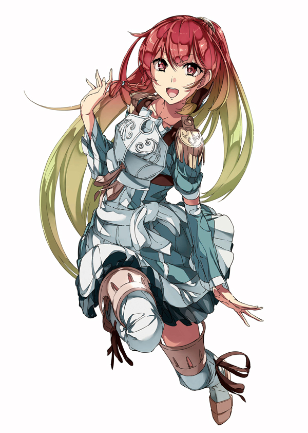1girl :d arm_at_side armor armored_dress bangs braid dress epaulettes full_body green_dress haken_no_kouki_altina hand_up himesuzu leg_up long_hair looking_at_viewer marie_quatre_argentina_de_belgaria official_art open_mouth ponytail red_eyes redhead simple_background smile solo sword thigh-highs very_long_hair weapon white_background