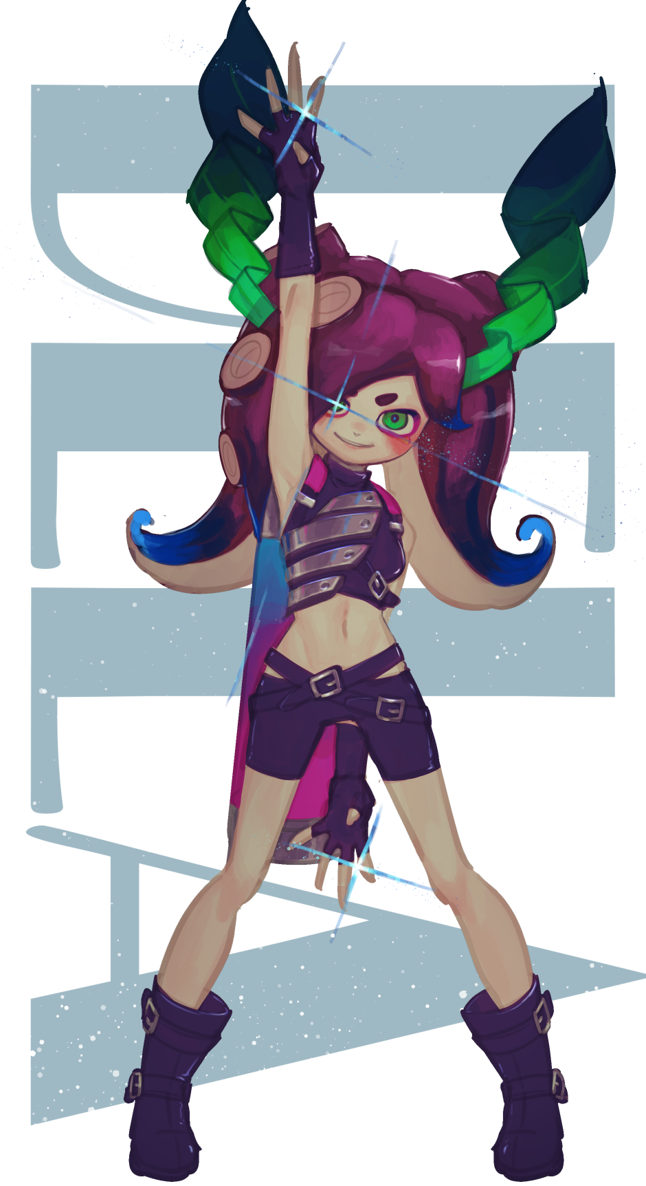 1girl arm_up armor armpits bangs belt bike_shorts black_footwear black_gloves black_shirt blue_hair blush boots breasts crop_top english_commentary fingerless_gloves glint gloves gradient_hair green_eyes grin happy head_tilt highres ink_tank_(splatoon) kashu_(hizake) legs_apart long_hair looking_at_viewer midriff multicolored_hair navel octoling parted_lips purple_hair seaweed shirt simple_background sleeveless sleeveless_shirt small_breasts smile solo splatoon_(series) splatoon_2 stomach teeth tentacle_hair tentacles two-tone_background white_background