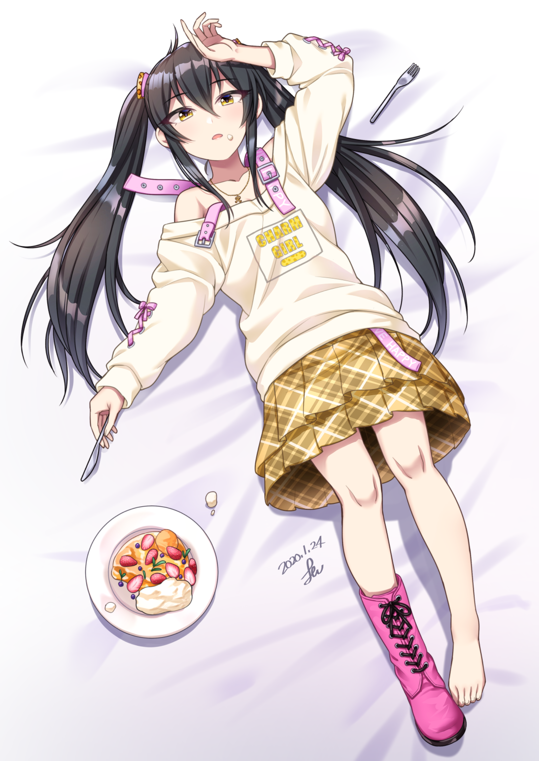 1girl animal_print bangs bare_thighs belt black_hair boots cake clothes_writing collarbone commentary_request dated eyebrows_visible_through_hair flat_chest food food_on_face fork fruit full_body hand_on_own_head highres holding holding_knife idolmaster idolmaster_cinderella_girls idolmaster_cinderella_girls_starlight_stage jewelry knife leopard_print long_hair long_sleeves lying matoba_risa necklace off-shoulder_shirt off_shoulder on_back on_bed parted_lips pink_footwear pink_ribbon plaid plaid_skirt plate print_ribbon ribbon shadow shirt sidelocks signature single_boot skirt solo strawberry twintails whipped_cream yellow_eyes yellow_shirt yellow_skirt yoohi