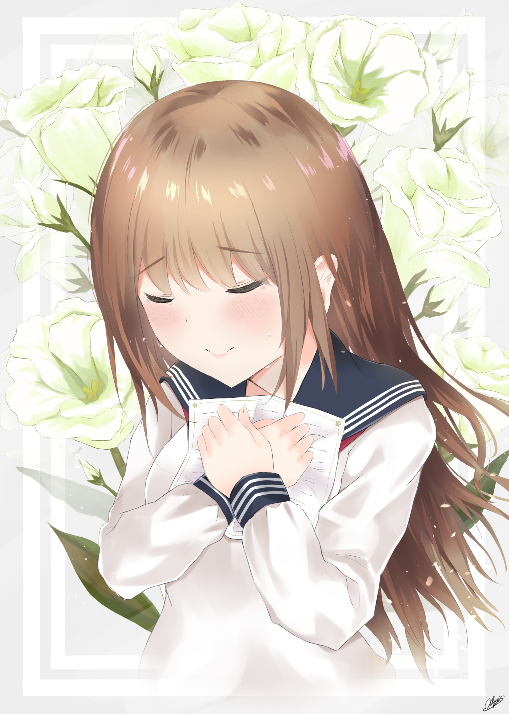 1girl 7_calpis_7 bangs black_sailor_collar blush breasts brown_hair closed_eyes closed_mouth commentary_request cropped_torso crying eyebrows_visible_through_hair flower grey_background highres long_hair long_sleeves medium_breasts object_hug original sailor_collar school_uniform serafuku shirt signature smile solo tears two-tone_background upper_body white_background white_flower white_shirt