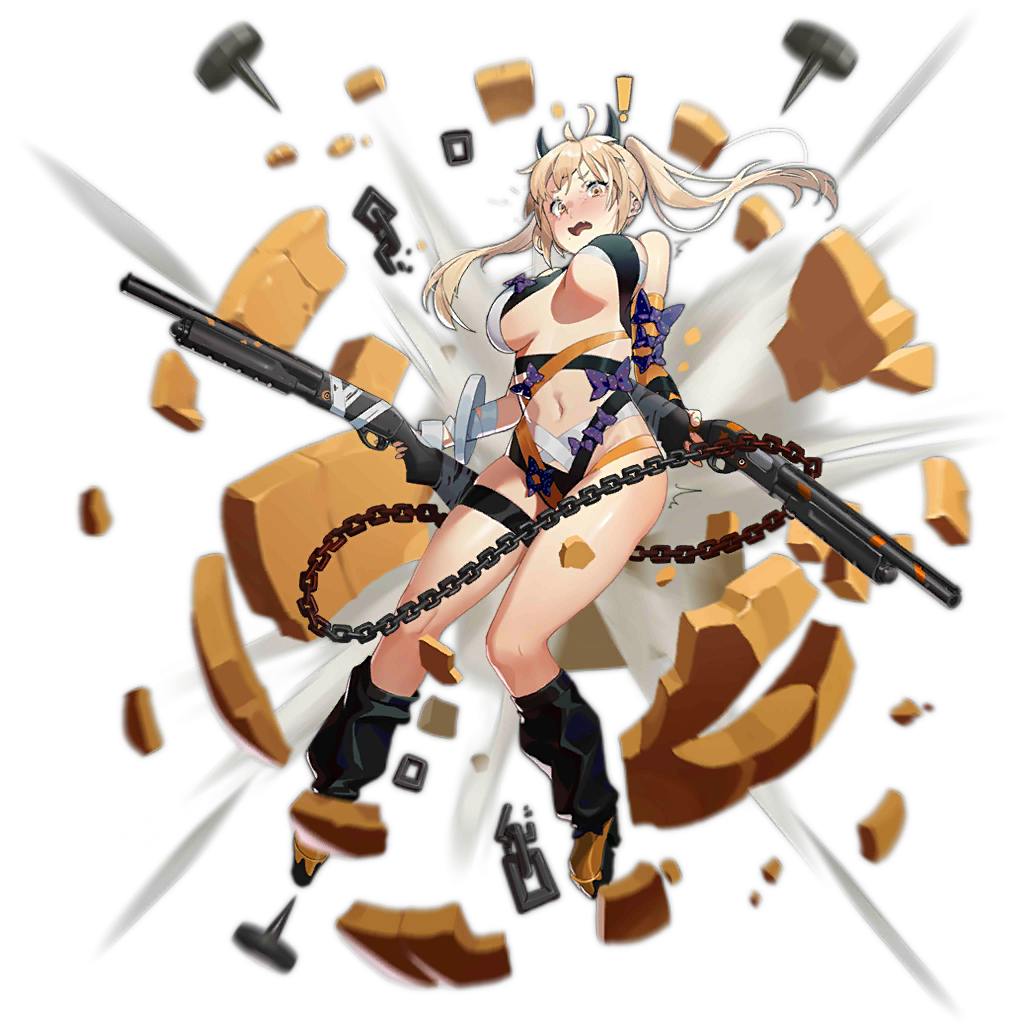 ! ahoge alternate_costume bandages blonde_hair blush breasts chain damaged demon_horns dual_wielding embarrassed explosion full_body girls_frontline gun hair_between_eyes halloween halloween_costume holding horns jack-o'-lantern leg_warmers m870_(girls_frontline) navel official_art open_mouth orange_footwear pumpkin remington_870 remington_arms revealing_clothes shotgun stomach sweat sweatdrop tearing_up thigh_strap thighs torn_clothes transparent_background twintails unaligned_breasts waterkuma weapon
