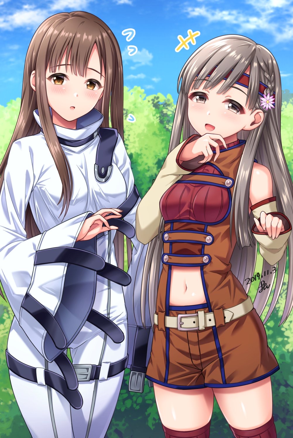 +++ 2girls :d bangs belt blue_sky blush bodysuit braid breasts brown_dress brown_eyes brown_hair c.c. c.c._(cosplay) code_geass commentary_request cosplay cowboy_shot dated detached_sleeves dress eyebrows_visible_through_hair flower flying_sweatdrops grey_eyes grey_hair hair_flower hair_ornament hand_on_own_chin headband highres idolmaster idolmaster_cinderella_girls kallen_stadtfeld kallen_stadtfeld_(cosplay) kobayakawa_sae long_hair looking_at_viewer mizumoto_yukari multiple_girls navel navel_cutout open_mouth parted_lips red_legwear side_braid signature sky sleeveless sleeveless_turtleneck small_breasts smile standing straitjacket thigh-highs tree turtleneck white_belt white_bodysuit wide_sleeves yoohi zettai_ryouiki