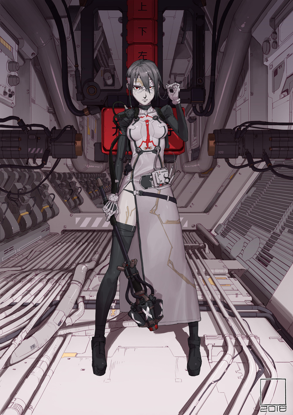 1girl black_footwear black_hair black_legwear closed_mouth dated gloves hair_between_eyes hammer headgear highres holding holding_hammer holding_weapon indoors original red_eyes short_hair solo standing tandi thigh-highs tube weapon white_gloves