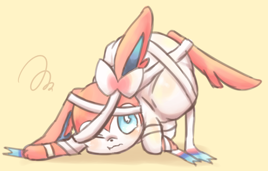 blue_eyes commentary_request creature full_body gen_6_pokemon mizuto_(o96ap) no_humans one_eye_closed pokemon pokemon_(creature) ribbon simple_background solo squiggle sylveon yellow_background