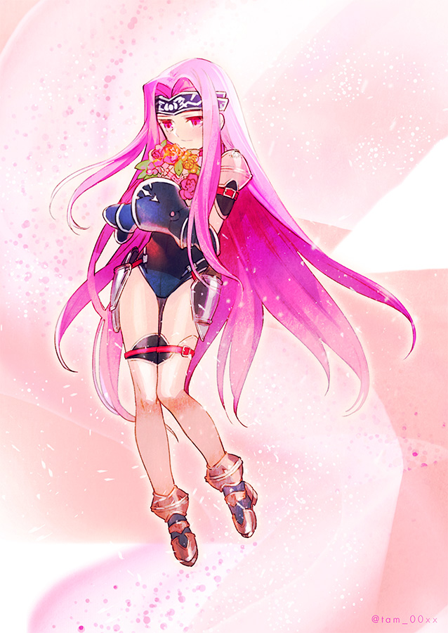 1girl artist_name blush bodysuit boots fate/grand_order fate_(series) flower forehead_protector gauntlets head_wreath holding long_hair medusa_(lancer)_(fate) pink_background purple_hair rider shoulder_pads smile square_pupils taa_(acid) thigh-highs very_long_hair violet_eyes