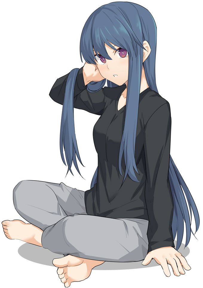 1girl bangs barefoot black_sweater breasts collarbone copyright_request long_sleeves looking_at_viewer medium_breasts parted_lips red_eyes shiseki_hirame simple_background sitting solo sweater white_background