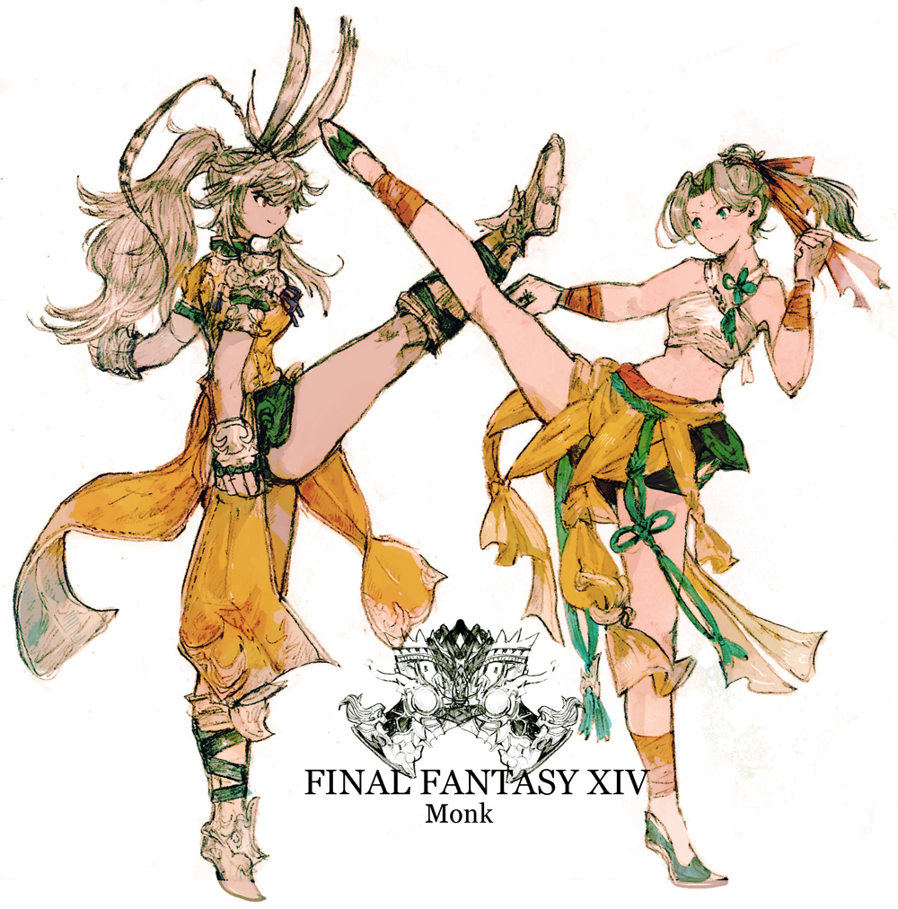 2girls animal_ears arm_wrap bangs bare_legs blue_eyes bunny_girl crop_top dark_skin final_fantasy final_fantasy_xiv fingerless_gloves gloves hair_ribbon hyur kicking leg_wrap logo long_hair midriff monk_(final_fantasy) multiple_girls navel peppermint_jet ponytail rabbit_ears red_eyes ribbon shorts shoulder_pads tassel thighs viera