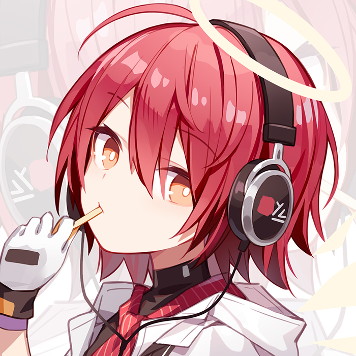 1girl arknights black_shirt exusiai_(arknights) gloves halo hand_up headphones jacket kurisu_tina looking_at_viewer orange_eyes portrait red_neckwear redhead shirt short_hair solo white_gloves white_jacket zoom_layer