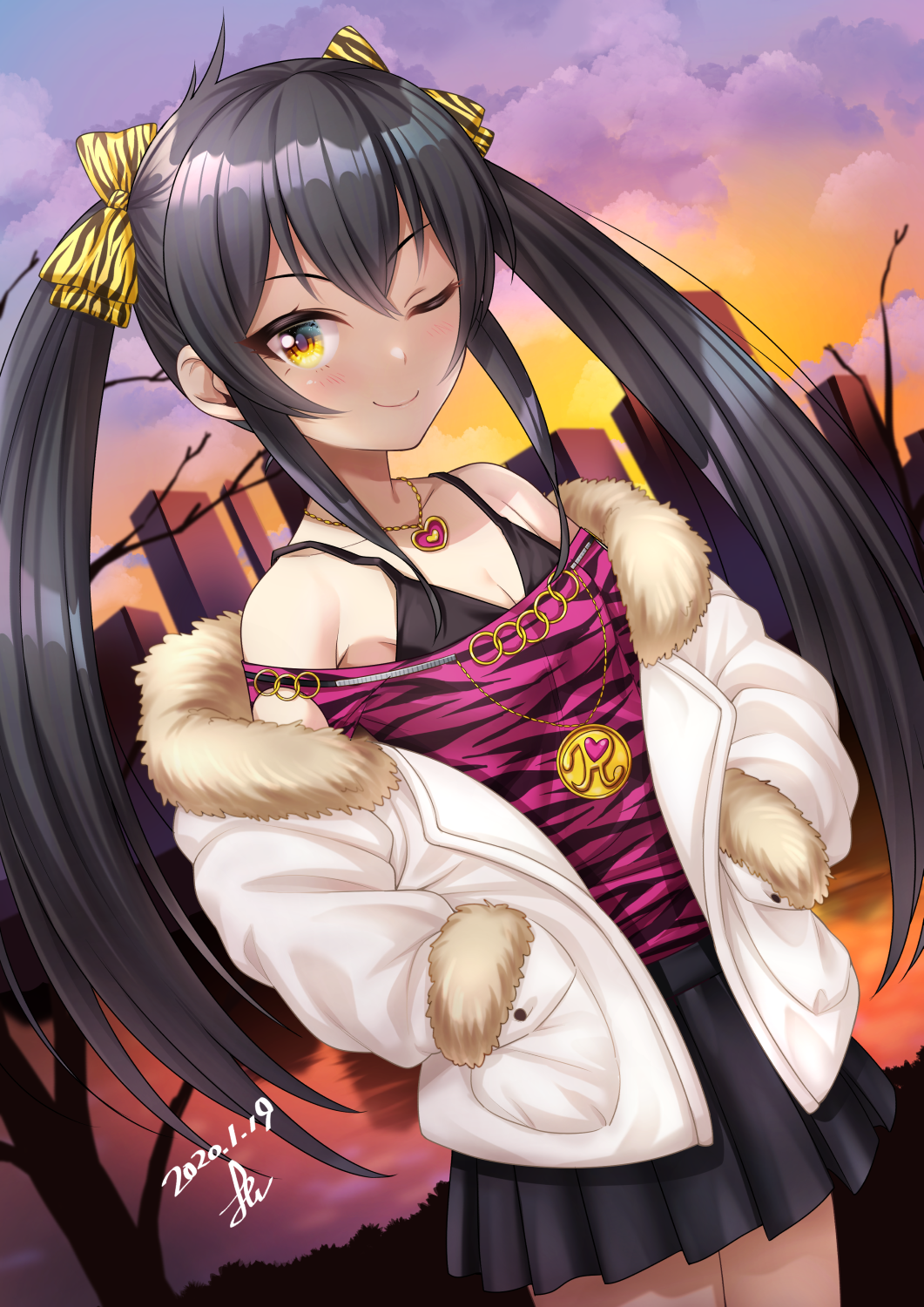 1girl ;) animal_print bangs bare_shoulders bare_tree black_bra black_skirt blush bow bra cityscape clouds cloudy_sky collarbone commentary_request cowboy_shot dated dutch_angle eyebrows_visible_through_hair flat_chest fur-trimmed_jacket fur_trim hands_in_pockets heart heart_necklace highres idolmaster idolmaster_cinderella_girls idolmaster_cinderella_girls_starlight_stage jacket leopard_print long_hair looking_at_viewer matoba_risa off-shoulder_jacket off-shoulder_shirt off_shoulder one_eye_closed pink_shirt pleated_skirt print_bow reflection river shirt signature skirt sky smile solo standing sunlight tree twilight twintails underwear white_jacket yellow_bow yellow_eyes yoohi