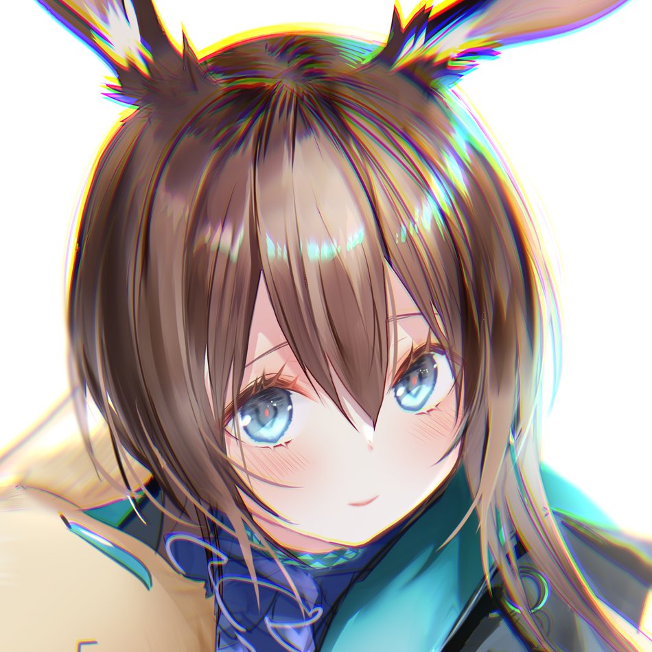 1girl amiya_(arknights) animal_ears arknights ascot bangs blue_eyes blue_jacket blue_neckwear blush brown_hair close-up commentary_request frilled_ascot frills head_tilt holding holding_stuffed_animal jacket long_hair multicolored multicolored_eyes pottsness rabbit_ears simple_background smile solo stuffed_animal stuffed_bunny stuffed_toy white_background