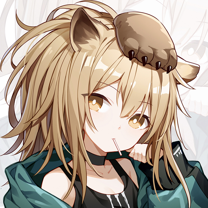 1girl animal_ears arknights bare_shoulders black_shirt brown_eyes brown_hair choker green_jacket jacket kurisu_tina lion_ears lion_paw long_hair looking_at_viewer mouth_hold off_shoulder portrait shirt siege_(arknights) solo tank_top zoom_layer