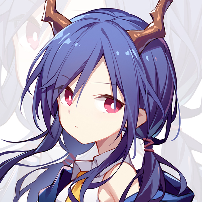1girl arknights blue_hair ch'en_(arknights) collared_shirt elite_ii_(arknights) expressionless horns kurisu_tina long_hair looking_at_viewer looking_to_the_side low_twintails off_shoulder portrait red_eyes shirt sleeveless sleeveless_shirt solo twintails white_shirt zoom_layer
