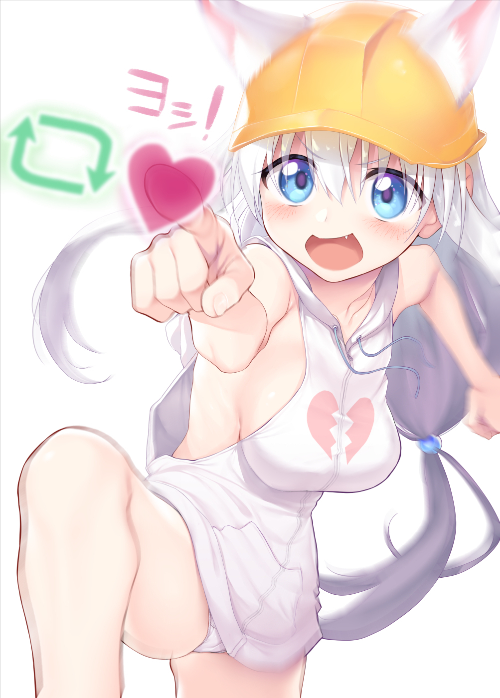 1girl animal_ear_fluff animal_ears bare_shoulders blue_eyes blurry_foreground blush breasts broken_heart cat_ears commentary_request ears_through_headwear eyebrows_visible_through_hair fang genba_neko hardhat heart helmet highres hood hooded_sweater long_hair medium_breasts meme motion_blur no_bra no_pants open_clothes open_mouth open_shirt original panties pointing sideboob simple_background solo standing standing_on_one_leg suga_hideo sweater tareme translation_request twintails underwear very_long_hair white_background white_hair white_panties white_sweater zipper_pull_tab