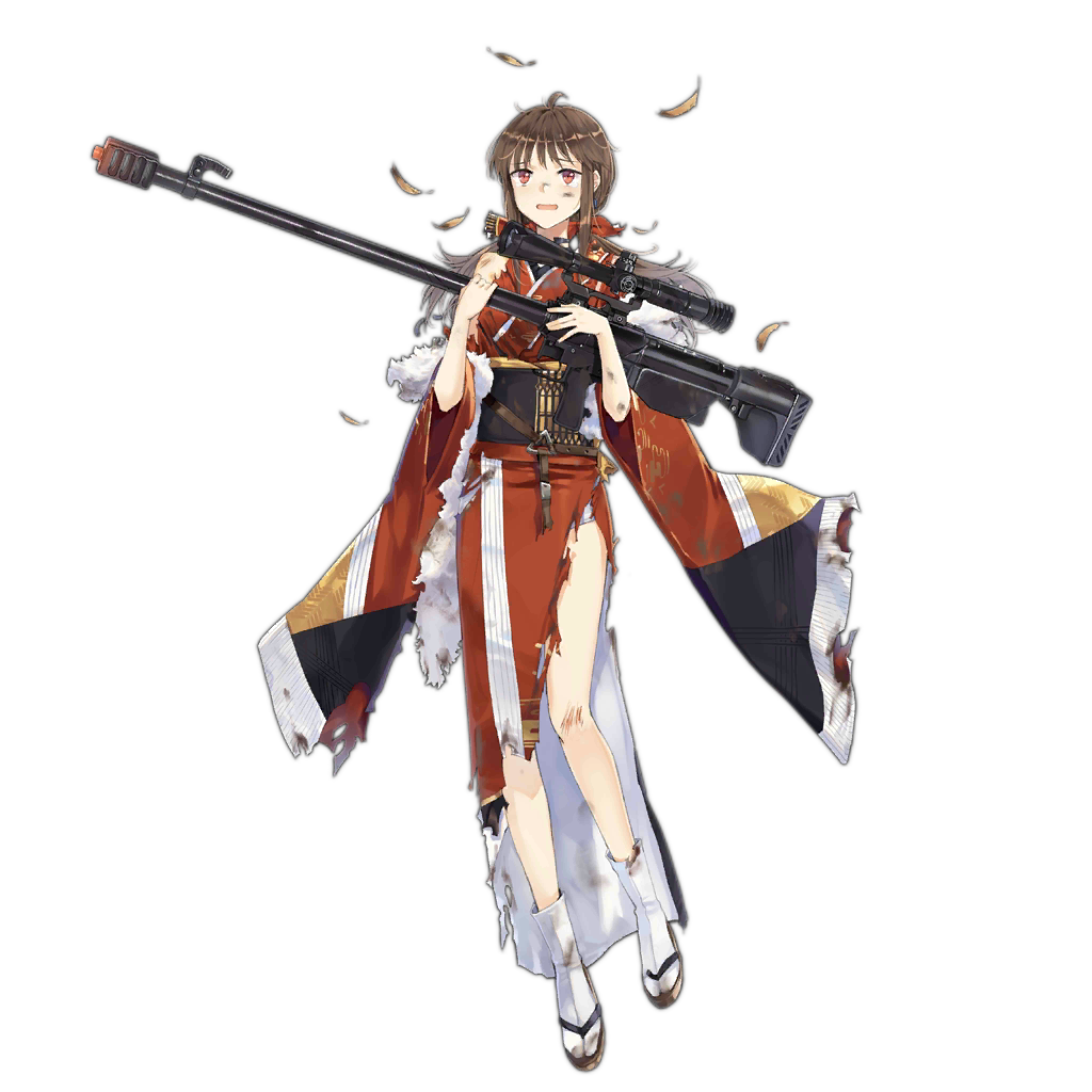 1girl bangs belt belt_buckle brown_hair buckle damaged dirty dirty_face dress feathers full_body girls_frontline gun hao_(patinnko) holding holding_gun holding_weapon hurt japanese_clothes kimono long_hair long_sleeves looking_at_viewer official_art open_mouth red_eyes rifle scope sidelocks sniper_rifle socks solo standing torn_clothes torn_dress transparent_background weapon white_legwear wide_sleeves zvi_falcon_(girls_frontline)