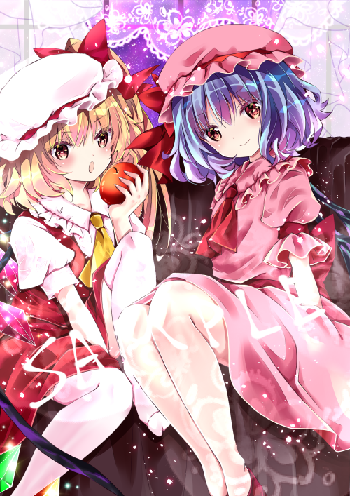 2girls apple blonde_hair blue_hair blush bow closed_mouth collared_shirt crystal curtains flandre_scarlet food frilled_shirt_collar frills fruit hair_bow hat holding holding_food long_hair mob_cap multiple_girls nanase_nao no_shoes one_side_up parted_lips pink_headwear pink_shirt pink_skirt puffy_short_sleeves puffy_sleeves red_apple red_bow red_eyes red_footwear red_skirt red_vest remilia_scarlet sample shirt shoes short_sleeves siblings sisters sitting skirt skirt_set smile thigh-highs touhou vest white_headwear white_legwear white_shirt wings