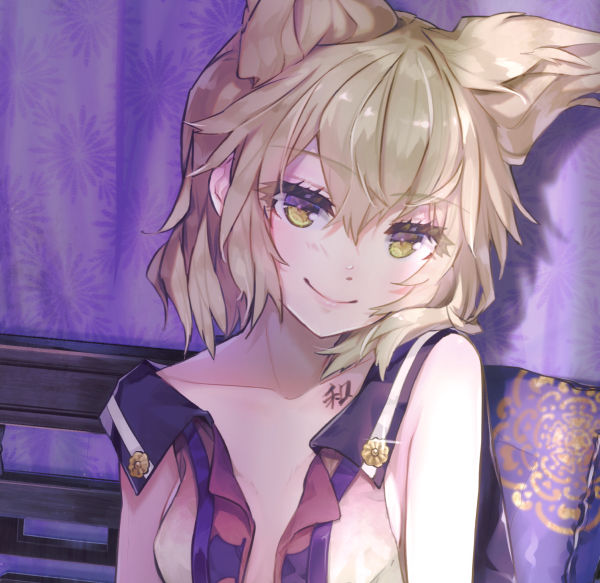 1girl bangs bare_shoulders blonde_hair blush breasts brown_eyes chest_tattoo commentary_request eyebrows_visible_through_hair hair_between_eyes head_tilt looking_at_viewer medium_breasts pillow pointy_hair shadow short_hair sleeveless smile solo syuri22 tattoo touhou toyosatomimi_no_miko upper_body