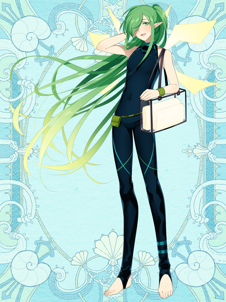 androgynous blue_background covered_navel elf full_body gradient_hair green_eyes green_hair hair_over_one_eye hand_up kerberos_blade l_(matador) long_hair looking_at_viewer multicolored_hair pointy_ears pouch simple_background sleeveless solo standing very_long_hair wristband