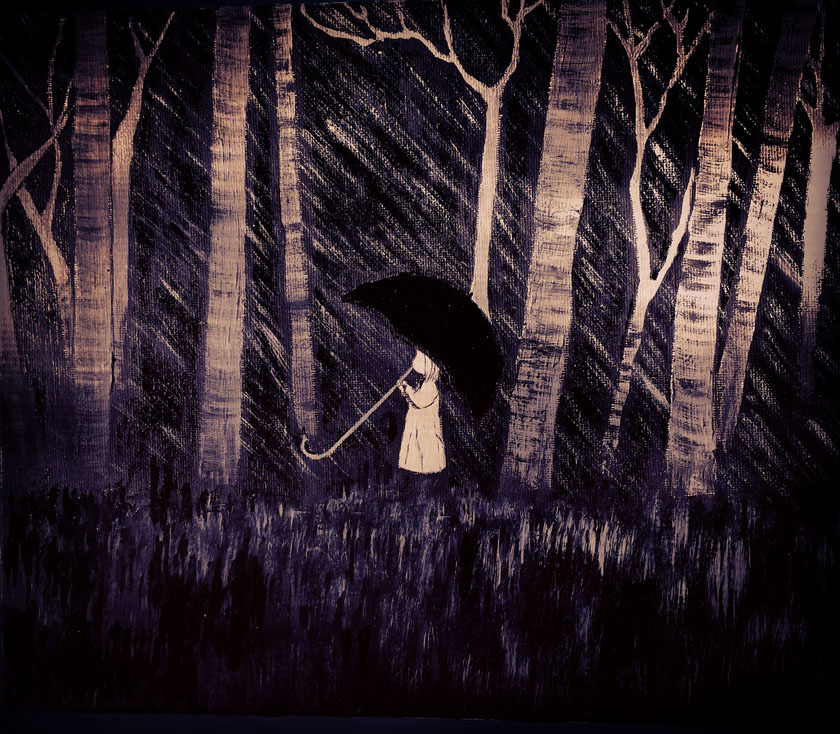 1girl acrylic_paint_(medium) black_umbrella calligraphy_brush_(medium) grass greyscale holding holding_umbrella minazqy monochrome outdoors profile shiva_(totsukuni_no_shoujo) solo totsukuni_no_shoujo traditional_media tree umbrella