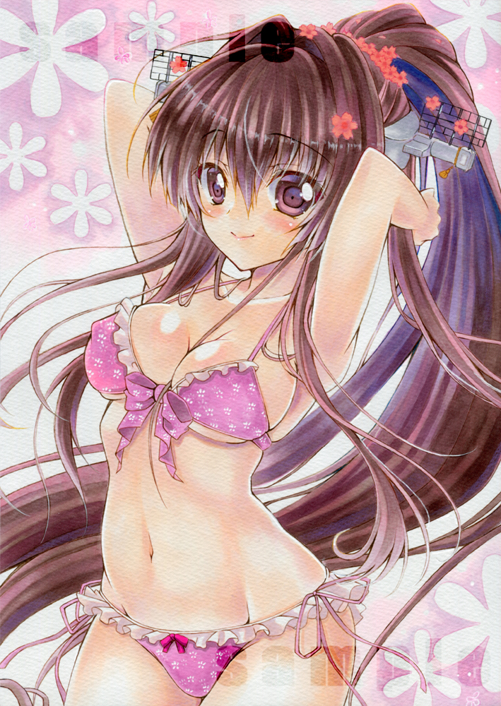 1girl armpits arms_up bangs bikini blush breasts brown_eyes brown_hair closed_mouth collarbone cowboy_shot eyebrows_visible_through_hair floating_hair frilled_bikini frills front-tie_bikini front-tie_top groin hair_between_eyes halterneck high_ponytail kantai_collection long_hair looking_at_viewer navel pink_bikini pink_ribbon ribbon sample shiny shiny_hair side-tie_bikini sideboob smile solo standing swimsuit traditional_media under_boob very_long_hair wakaba0801 yamato_(kantai_collection)