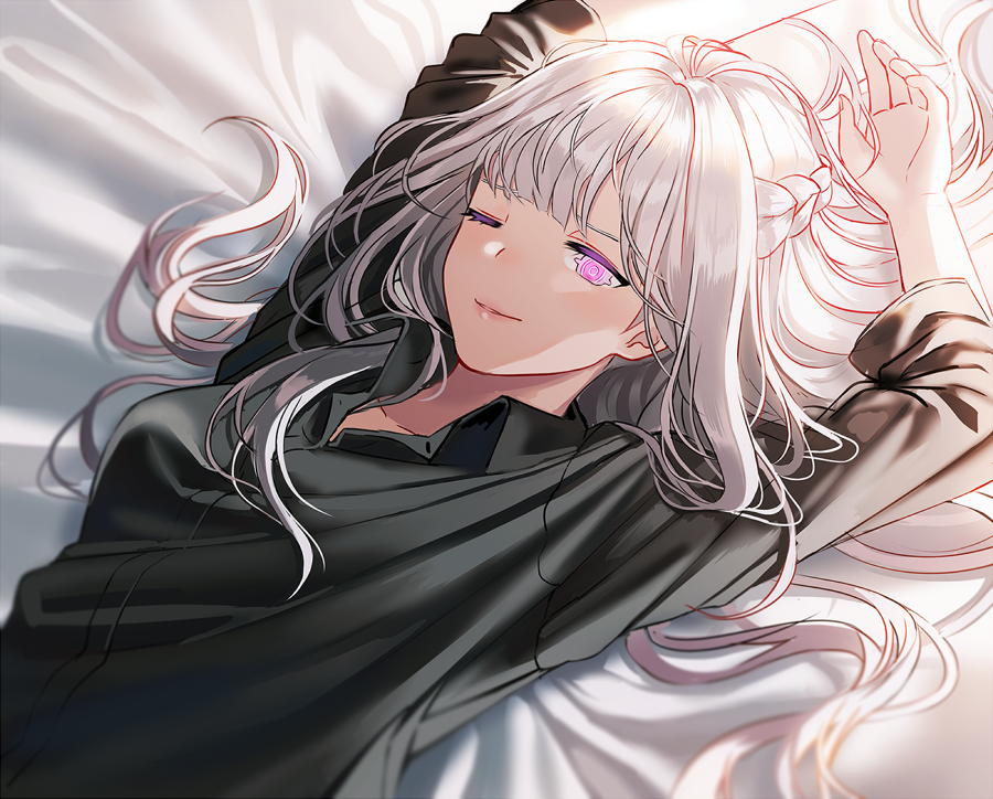 1girl ;) ak-12_(girls_frontline) arms_up bangs black_shirt blush braid breasts french_braid girls_frontline long_hair looking_at_viewer lying medium_breasts on_back one_eye_closed parted_lips shirt sidelocks silence_girl silver_hair smile solo violet_eyes
