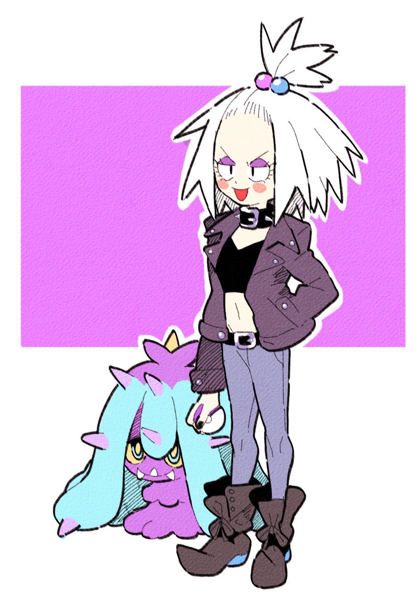 alternate_costume blush boots forehead freckles hair_bobbles hair_ornament homika_(pokemon) inkerton-kun mareanie pokemon pokemon_(game) pokemon_bw2 tongue tongue_out white_hair