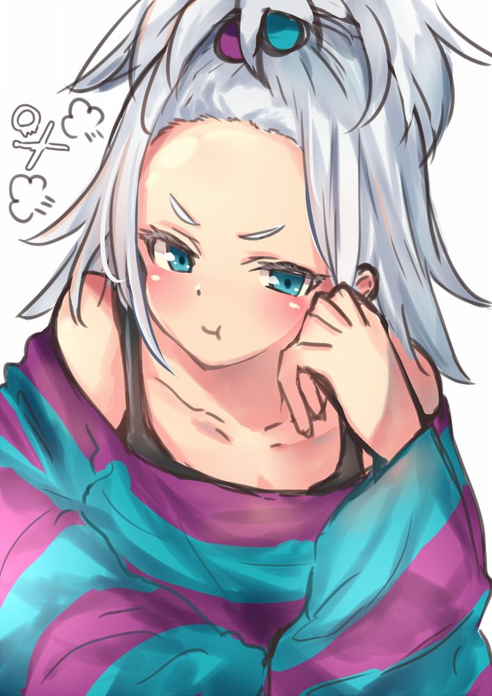 blush dress_shirt e-co hair_ornament homika_(pokemon) pokemon pokemon_(game) pokemon_bw2 pout shirt striped white_hair