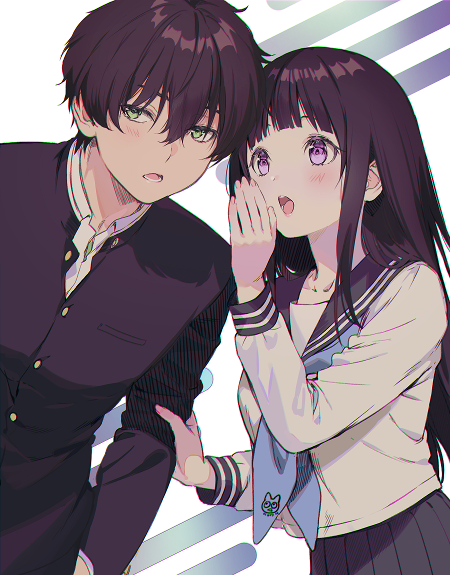 1boy 1girl arm_up bangs black_hair blush chitanda_eru commentary_request couple gakuran green_eyes hair_between_eyes hetero holding holding_another holding_another's_arm hyouka jacket long_hair long_sleeves looking_at_another looking_to_the_side mery_(apfl0515) open_mouth oreki_houtarou school_uniform serafuku simple_background standing talking upper_body violet_eyes whispering white_background