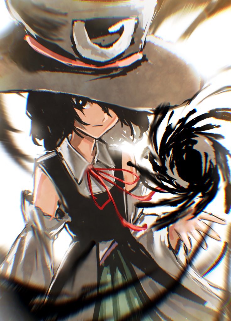 1other androgynous black_eyes black_hair bow danmaku detached_sleeves enraku_tsubakura expressionless hat ink large_hat len'en red_ribbon ribbon short_hair shorts silver_yes_yes solo top_hat upper_body