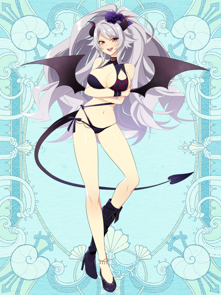 1girl :d bikini black_bikini black_horns black_wings blue_background boots breast_lift breasts brown_eyes crossed_arms demon_tail full_body high_heel_boots high_heels horns kerberos_blade knee_boots l_(matador) large_breasts mismatched_footwear navel neck_belt open_mouth side-tie_bikini silver_hair simple_background smile solo standing swimsuit tail wings