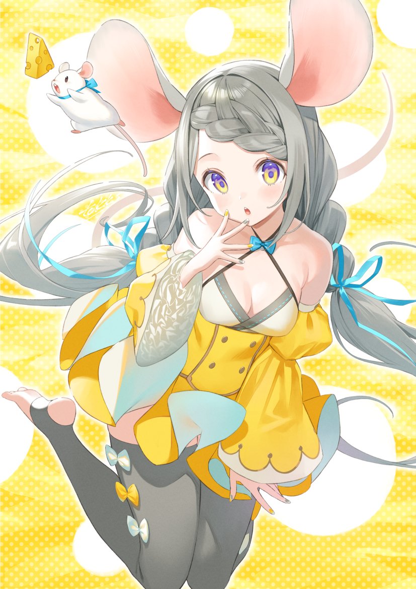 1girl animal animal_ears bare_shoulders braid breasts cheese criss-cross_halter detached_sleeves dress food grey_hair grey_legwear halterneck juliet_sleeves legs_up long_hair long_sleeves looking_at_viewer low_twintails medium_breasts mouse mouse_ears mouse_girl mouse_tail multicolored multicolored_nails original parted_lips puffy_sleeves solo tail thigh-highs toeless_legwear tokki twintails very_long_hair wide_sleeves yellow_dress yellow_eyes