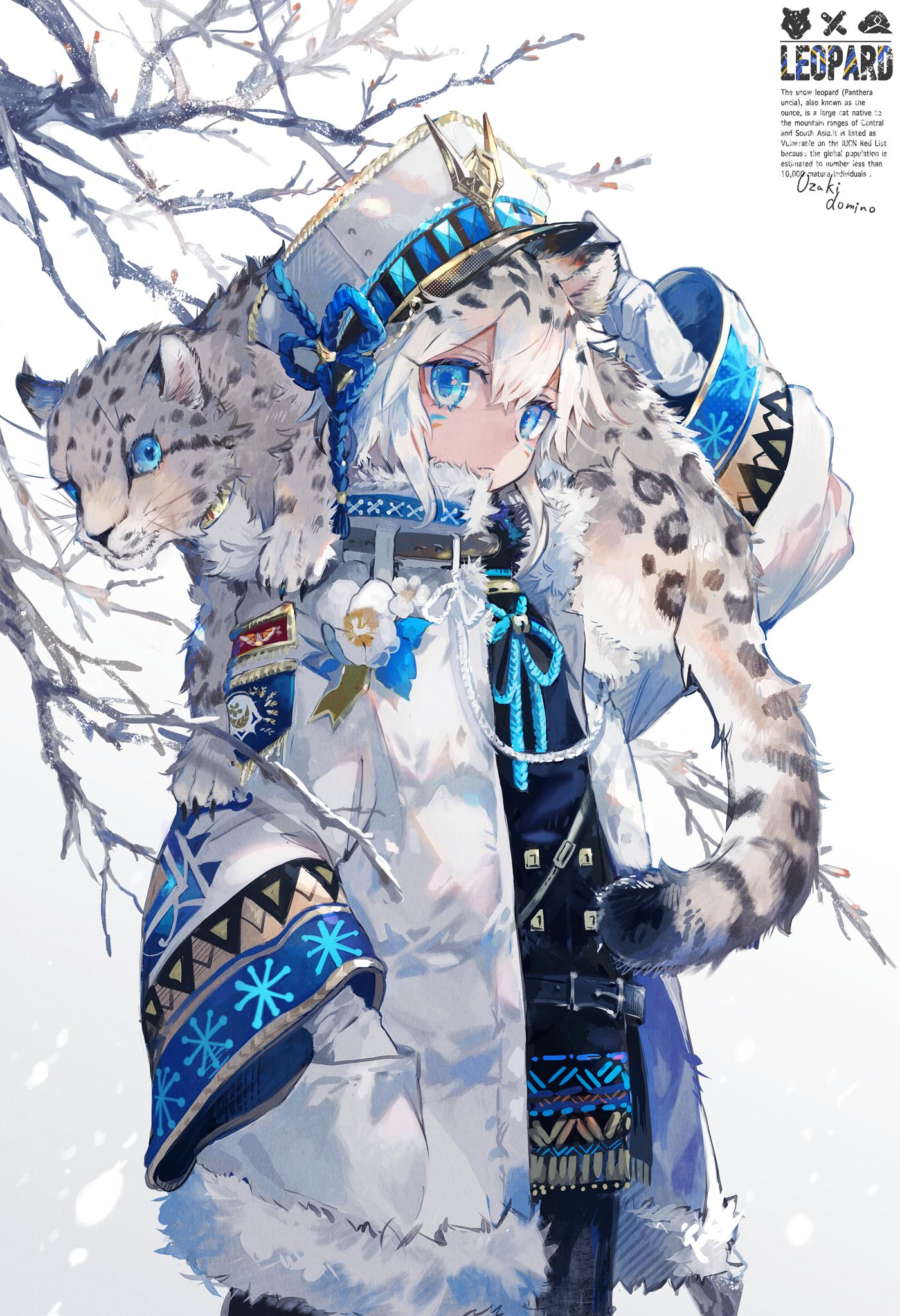 1boy animal animal_ears animal_on_shoulder bangs blue_eyes branch corsage facial_mark flower fur_trim gloves hand_in_pocket hat highres jacket leopard looking_at_viewer male_focus original ozadomi simple_background solo white_gloves white_hair white_jacket