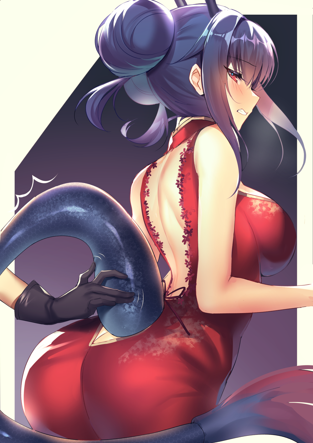 1girl arknights ass back_cutout bangs bare_arms bare_shoulders black_gloves blush breasts ch'en_(arknights) china_dress chinese_clothes clenched_teeth commentary cowboy_shot double_bun dress eyebrows_visible_through_hair from_behind gloves hair_between_eyes highres horns k.k_(pixiv) large_breasts profile purple_background purple_hair red_dress red_eyes sidelocks sleeveless sleeveless_dress solo_focus tail teeth tsurime