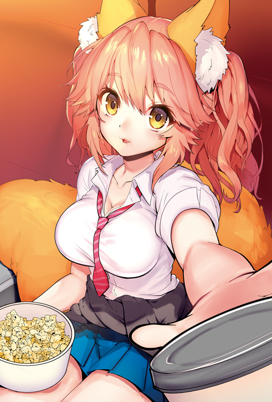 1girl animal_ear_fluff animal_ears blue_skirt breasts clothes_around_waist fate_(series) food food_request fox_ears fox_tail hair_between_eyes impossible_clothes impossible_shirt large_breasts looking_at_another mogullaz necktie outstretched_arms popcorn red_neckwear shirt skirt solo sweater_around_waist tail tamamo_(fate)_(all) tamamo_no_mae_(fate) thighs yellow_eyes