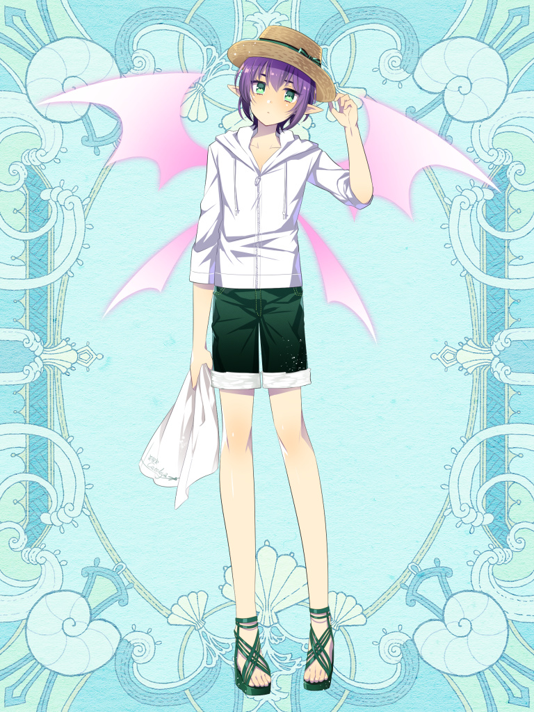 androgynous blue_background full_body green_eyes green_footwear green_shorts hat hood hood_down kerberos_blade l_(matador) looking_at_viewer pointy_ears purple_hair sandals shorts simple_background solo standing straw_hat white_hoodie
