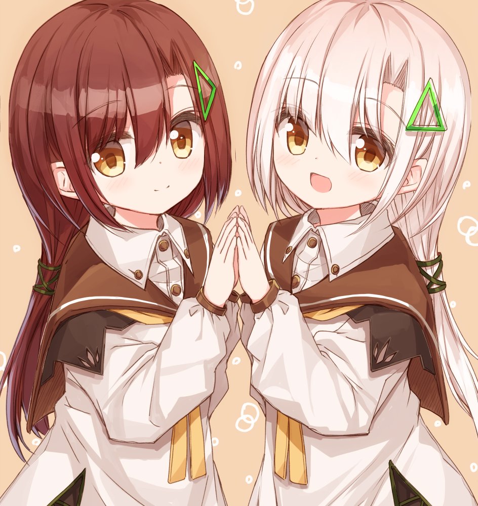 2girls :d bangs blush brown_background brown_eyes brown_hair brown_sailor_collar closed_mouth collared_shirt commentary_request dress dress_shirt eyebrows_visible_through_hair hair_between_eyes hair_ornament hands_together hands_up long_hair long_sleeves multiple_girls open_mouth original puffy_long_sleeves puffy_sleeves sailor_collar shirt smile very_long_hair white_dress white_hair white_shirt yuuhagi_(amaretto-no-natsu)