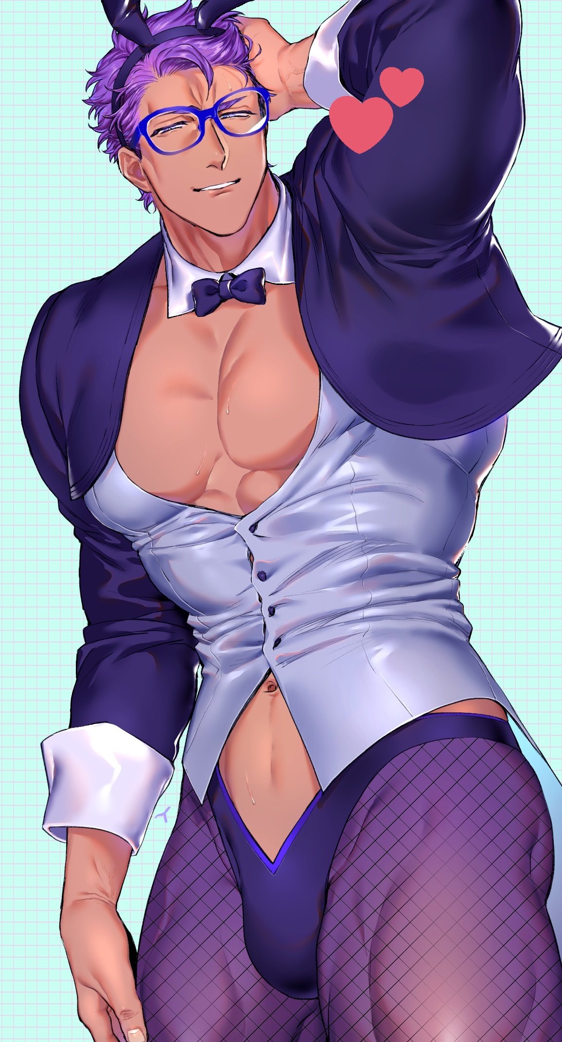 1boy animal_ears aqua_background bikini_briefs black_neckwear borrowed_design bow bowtie bunny_boy cowboy_shot detached_collar fake_animal_ears fate/grand_order fate_(series) fishnet_legwear fishnets glasses hand_behind_head heart highres lancelot_(fate/grand_order) lavender_eyes lee_(i) looking_at_viewer male_focus navel pantyhose parted_lips pectorals purple-framed_eyewear purple_legwear rabbit_ears shrug_(clothing) smile solo tan tile_background waistcoat