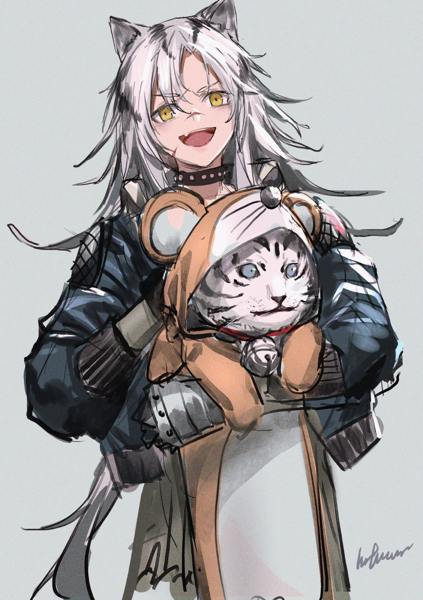 1girl animal animal_costume animal_ears arknights bangs bell choker costume facial_scar fang hair_between_eyes highres holding holding_animal indra_(arknights) infukun jacket long_hair looking_at_viewer mouse_costume nose_scar open_clothes open_mouth scar shirt sidelocks smile solo tiger very_long_hair white_hair yellow_eyes