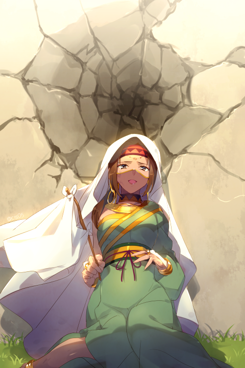 1girl arabian_clothes bracelet brown_hair cape capelet cis05 commentary_request cracked_wall dark_skin dress earrings fate/grand_order fate_(series) flag green_dress hairband holding holding_flag hood hooded_capelet hoop_earrings jewelry lips lipstick long_hair looking_at_viewer makeup necklace open_mouth ring siduri_(fate/grand_order) solo veil wall white_cape white_flag white_hood