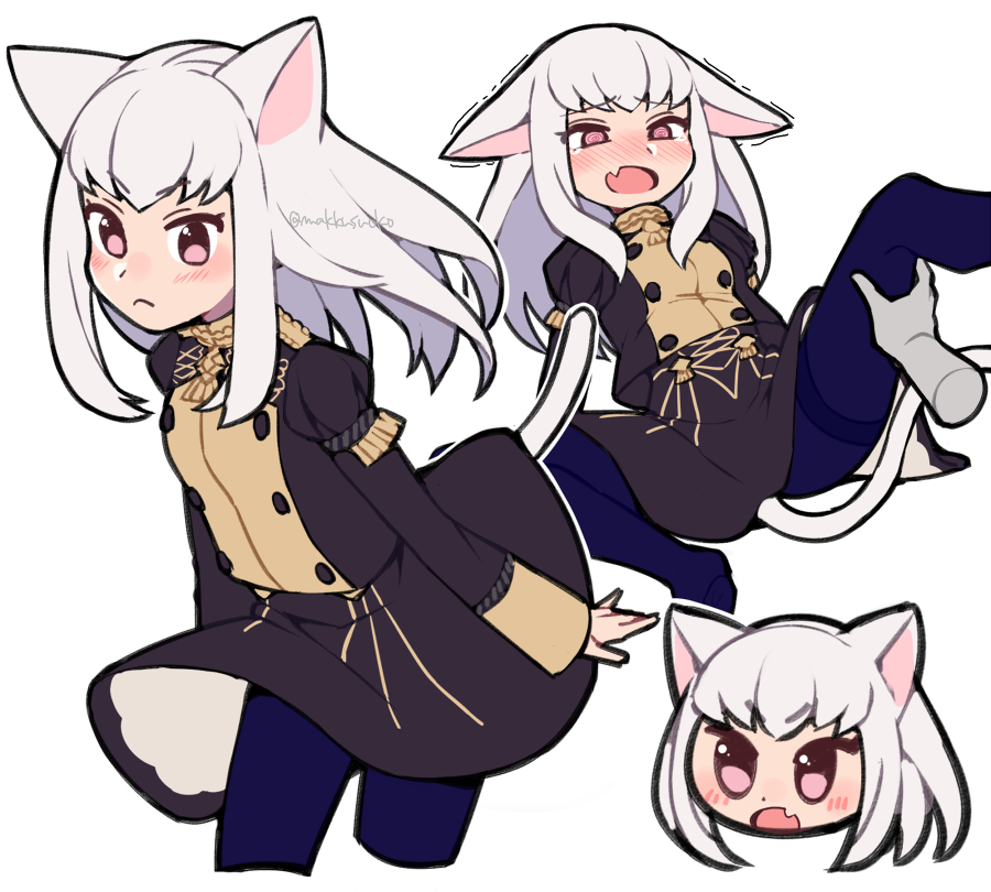 1girl animal_ears blue_legwear blush cat_ears cat_tail closed_mouth do_m_kaeru fire_emblem fire_emblem:_three_houses garreg_mach_monastery_uniform long_hair long_sleeves lysithea_von_ordelia multiple_views open_mouth pink_eyes simple_background spread_legs tail tearing_up twitter_username uniform white_background white_hair