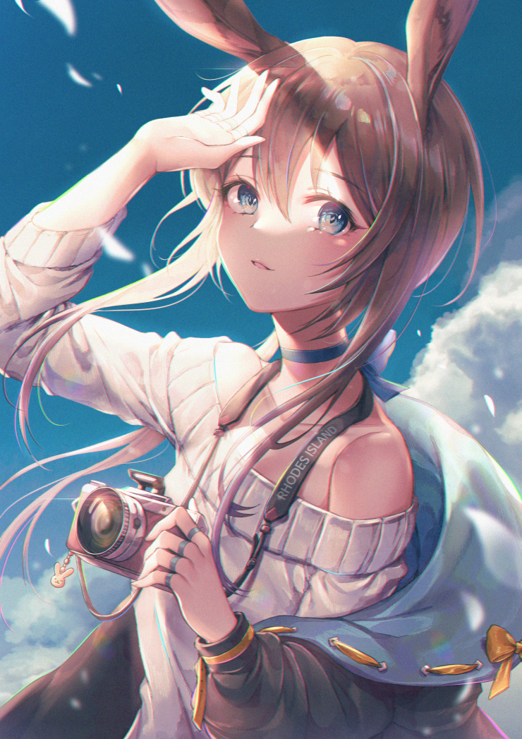 1girl amiya_(arknights) animal_ears arknights arm_up bangs bare_shoulders black_jacket blue_choker blue_eyes blue_sky blush brown_hair camera choker clouds collarbone commentary day eyebrows_visible_through_hair hair_between_eyes holding holding_camera jacket jewelry long_hair long_sleeves looking_at_viewer off-shoulder_shirt off_shoulder open_clothes open_jacket outdoors ozzingo parted_lips puffy_long_sleeves puffy_sleeves rabbit_ears ring shading_eyes shirt sidelocks sky solo symbol_commentary upper_body white_shirt