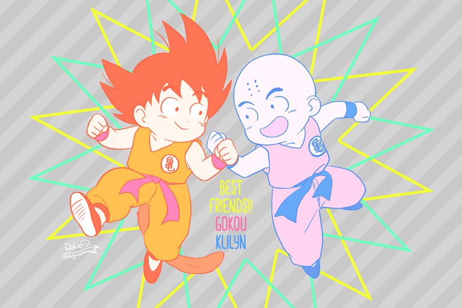 +++ 2boys :d bald black_eyes black_footwear black_hair character_name clenched_hands clothes_writing colorful dot_nose dougi dragon_ball dragon_ball_(classic) english_text eye_contact fist_bump grey_background happy jumping kalno kuririn looking_at_another male_focus multiple_boys open_mouth signature simple_background smile smiley_face son_gokuu spiky_hair striped striped_background twitter_username wristband younger