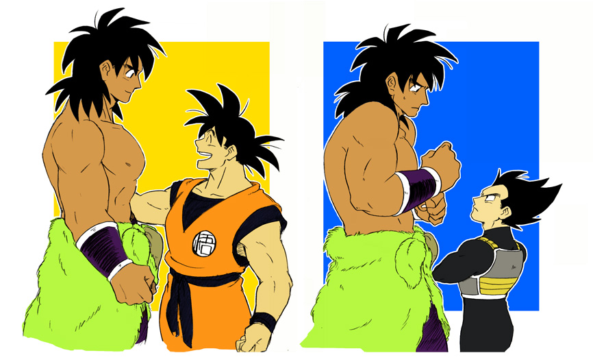 3boys :d ^_^ abs arm_at_side armor arms_at_sides black_eyes black_hair blue_background broly_(dragon_ball_super) clenched_hands closed_eyes clothes_around_waist clothes_writing collarbone crossed_arms dark_skin dark_skinned_male dougi dragon_ball dragon_ball_super_broly dragon_ball_z expressionless fingernails from_side frown hands_on_own_chest happy height_difference looking_at_another looking_down looking_up male_focus messy_hair multiple_boys muscle nervous new_jirou open_mouth orange_background profile scared shirtless simple_background smile son_gokuu spiky_hair square upper_body vegeta white_background wristband